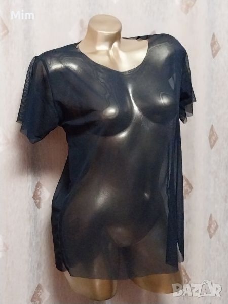 L/XL  Блуза с къс ръкав от еластичен прозрачен тюл , снимка 1