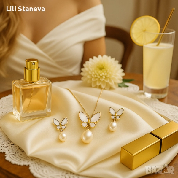 Стилен комплект бижута - Колие и обеци с пеперуди и перлен акцент. , снимка 1