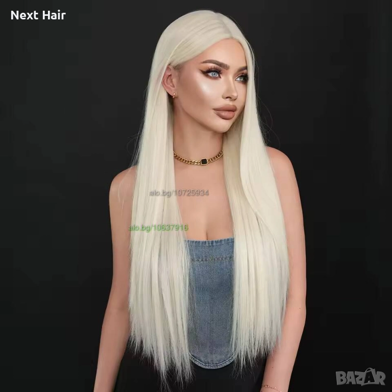 Платинено руса синтетична перука - 75 см, права, с дантелена част 13×4×1, снимка 1