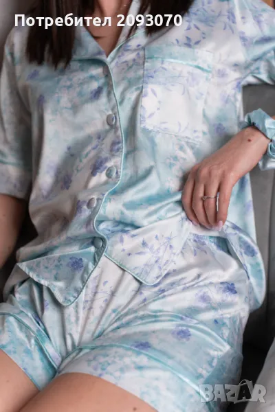 Сатенена пижама с къс ръкав и къс панталон + СКРЪНЧИ за коса, снимка 1