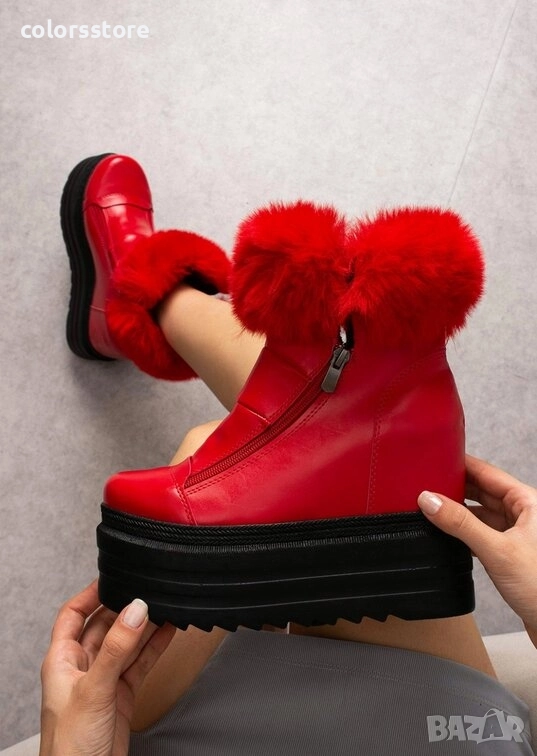 Боти на платформа - червена кожа с пух - BH5020 , снимка 1