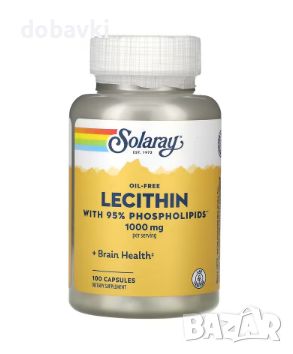 Лецитин Solaray Oil-free Lecithin with 95% Phospholipids 1,000 mg 100 Capsules 500 mg per Capsule, снимка 1