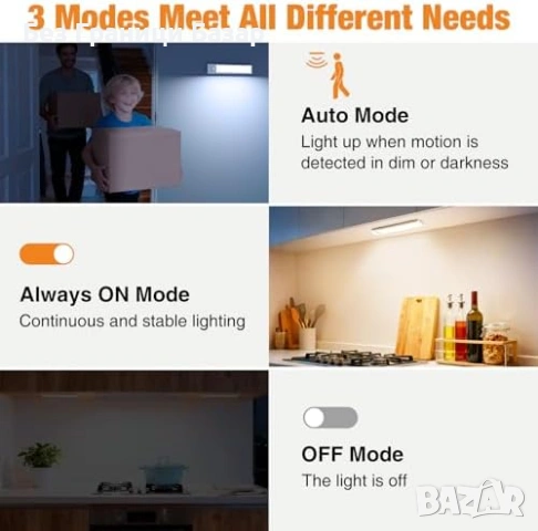 Нови LED подшкафни лампи 20см 3 броя USB-C 1000mAh сензор движение, снимка 5 - Лед осветление - 53691727