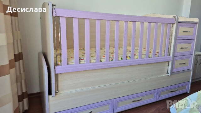 Детско/ бебешко легло (кошара) 3 в 1, с люлеещ се механизъм и матрак, снимка 3 - Бебешки легла и матраци - 51991266