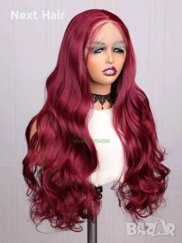 Тъмно червена бордо вълнообразна перука на път с дантела 13*4*1, снимка 5 - Аксесоари за коса - 51119929