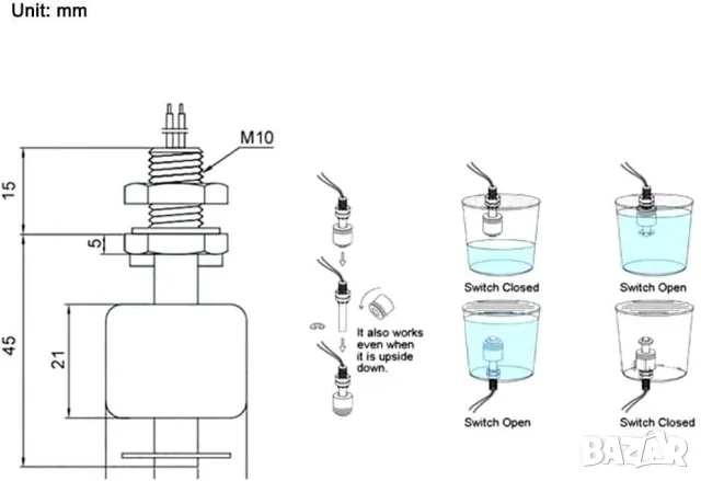 Поплавък за ниво на вода, прав датчик за ниво, снимка 3 - Басейни и аксесоари - 49530687