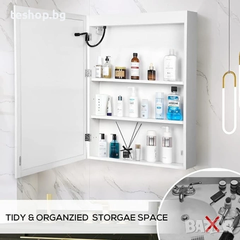 Шкаф за баня огледален с LED осветление ”VOWNER” 50х60 см, снимка 3 - Шкафове - 53477283