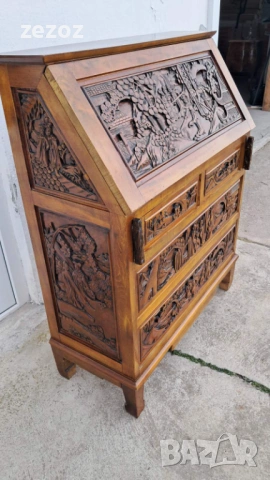 Шкаф бюро масив с дърворезба, снимка 2 - Бюра - 53995535