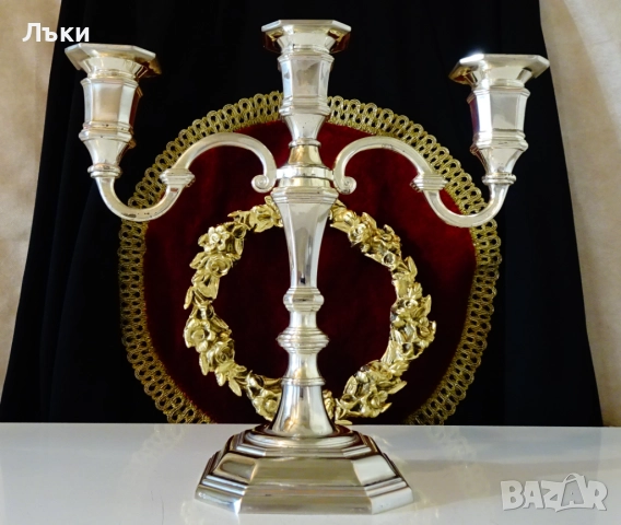 Посребрен свещник тройка,троен свещник от мед. 