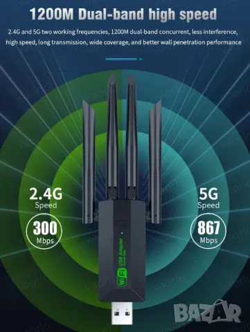 1200Mbps WiFi USB 3.0 безжичен адаптер двучестотен 2.4G+5Ghz 802.11AC интернет за компютър лаптоп, снимка 11 - Кабели и адаптери - 47075048