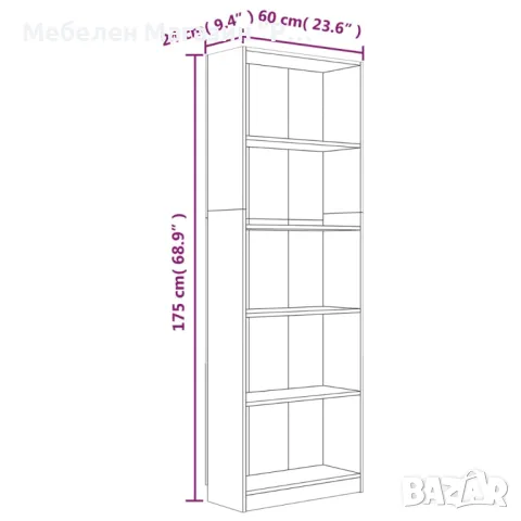 Библиотека на 5 нива, сив сонома, 60x24x175 см, инженерно дърво, снимка 6 - Секции и витрини - 47147380