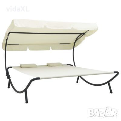 vidaXL Лаундж легло за открито с навес и възглавници, кремавобяло(SKU:48068