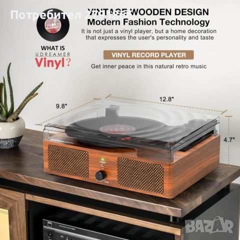 Bluetooth Грамофон за винилови плочи вградени говорители USB вход 3 скорости AUX вход жак слушалки, снимка 7 - Грамофони - 52155806