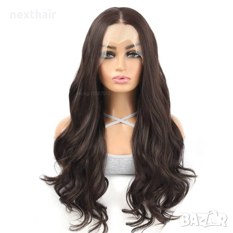13×4 дантелена перука - 75 см едри вълни, тъмно кафява, премиум синтетика, снимка 2 - Аксесоари за коса - 52567439
