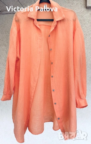 Италианска памучна риза в прасковен цвят - летен шик и комфорт, снимка 2 - Ризи - 53587017