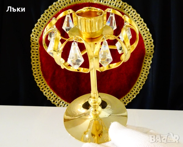 Позлатен свещник с кристали Lycenta,Sweden. , снимка 3 - Антикварни и старинни предмети - 52900360