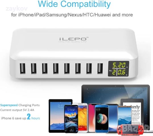 iLepo 8-портова USB зарядна станция за зареждане на множество устройства с LED дисплей, снимка 7 - Друга електроника - 45178329