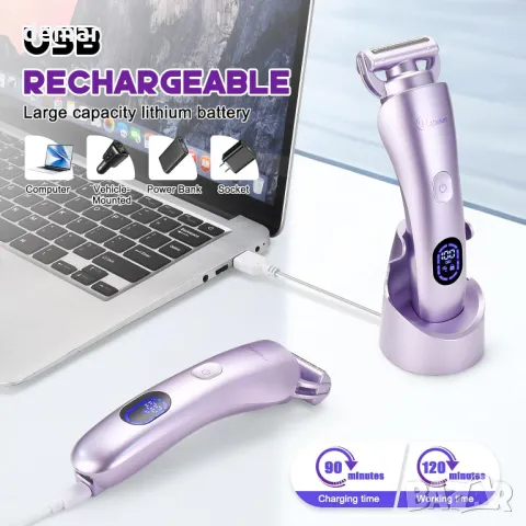 Дамска електрическа самобръсначка Hatteker, Тример за лице и тяло, IPX7, лилава, снимка 6 - Електрически самобръсначки - 49708234