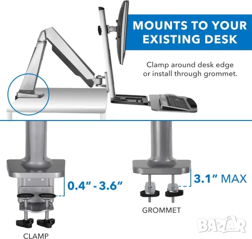 Работна Станция със Стойка за 1 Монитор и Клавиатура, Регулируема Височина - Mount It! , снимка 6 - Монитори - 46992670