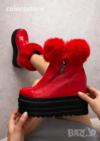 Боти на платформа - червена кожа с пух - BH5020 