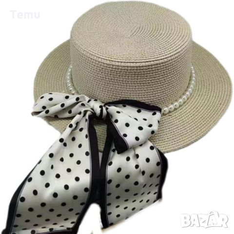 Елегнтна дамска сламена шапка в стилен дизайн с перли и пандела на точки, снимка 2 - Шапки - 45764491