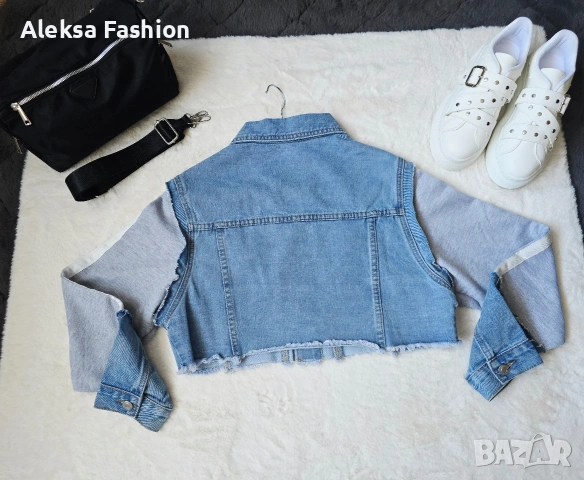 Дамско късо дънково яке с ръкави от плат , снимка 8 - Якета - 52819452