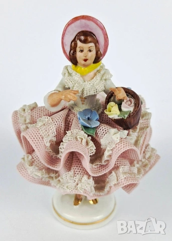 Порцеланова балерина с розова рокля и кошница - Sandizell, Dresden