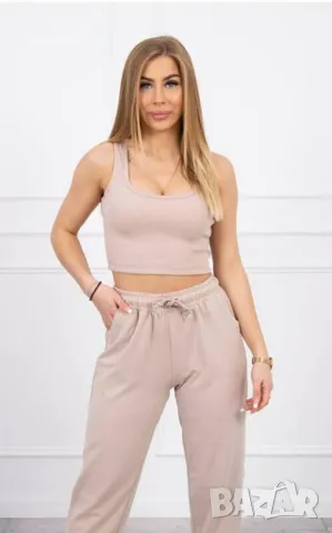 Дамски комплект панталон с бюстие в бежово, снимка 3 - Спортни екипи - 49902747