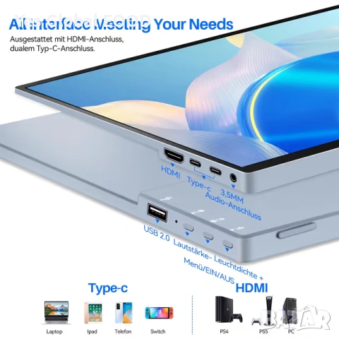14" преносим тъч монитор Full HD HDMI USB-C, снимка 5 - Друга електроника - 53497604