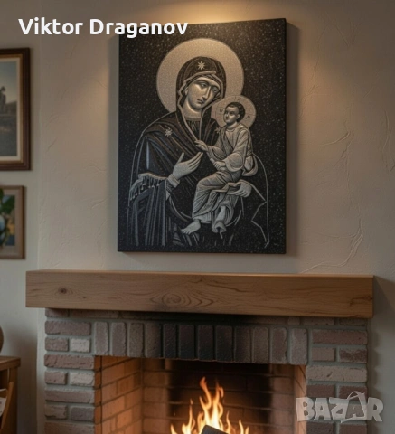 Гравирана икона Богородица с младенеца върху черен гранит за подарък, снимка 3 - Икони - 46382268