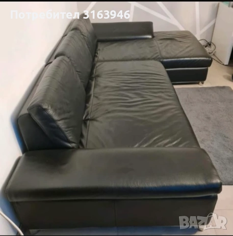  Ъглов диван от естествена кожа – черен (300 × 170 см) Ъглов диван от естествена кожа – черен (300 ×, снимка 5 - Дивани и мека мебел - 53856634