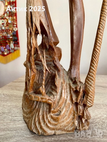 Винтидж резбована скулптура от тиково дърво — рибар с мрежа, снимка 4 - Антикварни и старинни предмети - 52937313