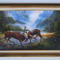 Пейзаж с благородни елени, брачен период, картина за ловци, снимка 1 - Картини - 44943592
