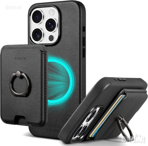 Калъф TUCCH Wallet за iPhone 15 Pro с държач за магнитна карта от PU кожа със стойка, черен, снимка 1