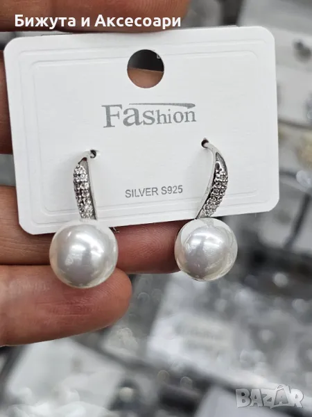 Обеци родий с перли и с кристали - 28425-19, снимка 1