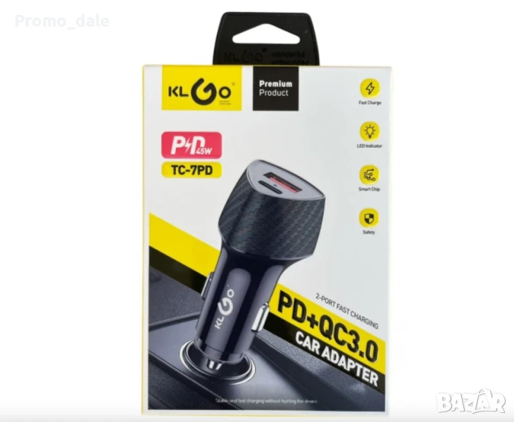 Зарядно за кола KLGO TC-7PD 45W 12 / 24V, снимка 1