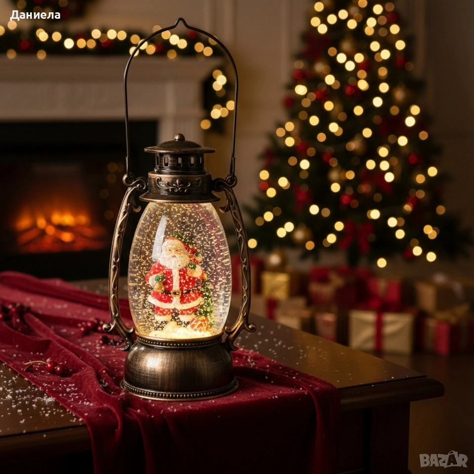 Коледен декоративен фенер – LED светлина, въртяща се фигурка на Дядо Коледа, снеговалеж и музика, снимка 1