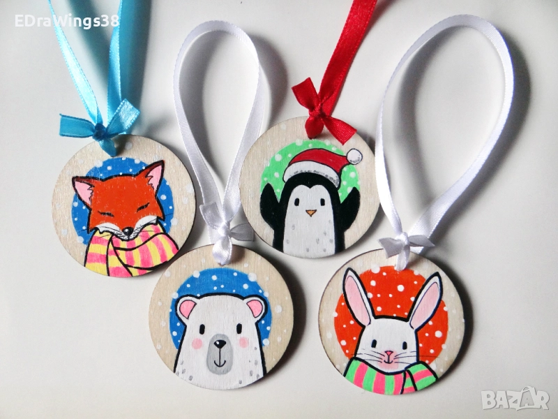Дървени коледни играчки Ръчно рисувани Украса за елха, снимка 1