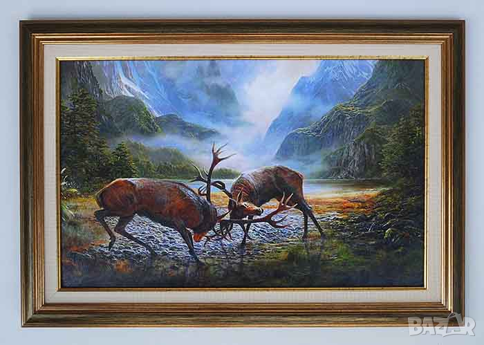 Пейзаж с благородни елени, брачен период, картина за ловци, снимка 1