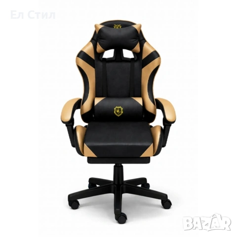 Геймърски стол с масажна функция, лумбална възглавница и поставка за крака – Черен-златист, снимка 6 - Столове - 53565313