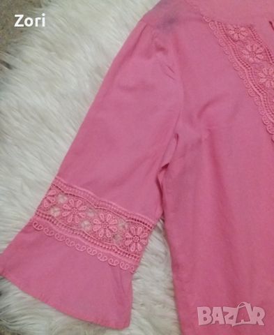 РАЗКОШНА розова риза с дантела при деколтето и в края на ръкавите, снимка 5 - Ризи - 45911559