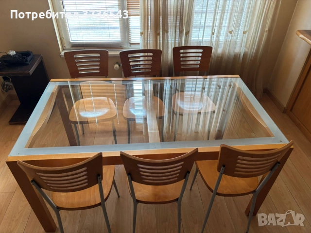 Стъклена трапезна маса 160×90 + 6 стола, дъб/метал, снимка 3 - Маси - 53154772
