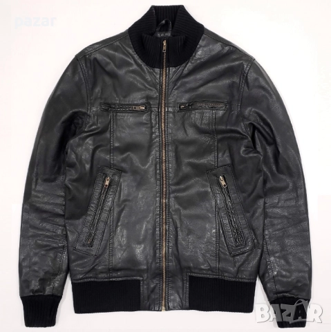 JACK & JONES Мъжко Кожено Яке Бомбър Естествена Кожа Плетена Яка M, снимка 2 - Якета - 52967875