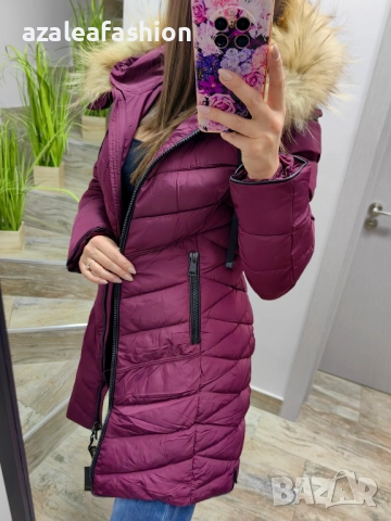 Дълго зимно яке с естествен косъм бордо, снимка 4 - Якета - 52686512