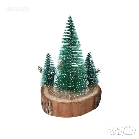 6177 Коледна декорация Елхички върху дървено пънче, 11×17 см, снимка 3 - Декорация за дома - 52028076