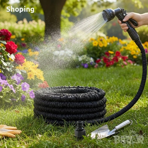 Гъвкав разтеглив градински маркуч 30м – Пълен комплект с пистолет (7 функции) и конектори, снимка 10 - Градински инструменти - 53387280