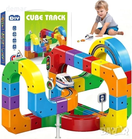Комплект електрически влак Magic Rail Cube, 3D комплект състезателни кубчета, 81 части