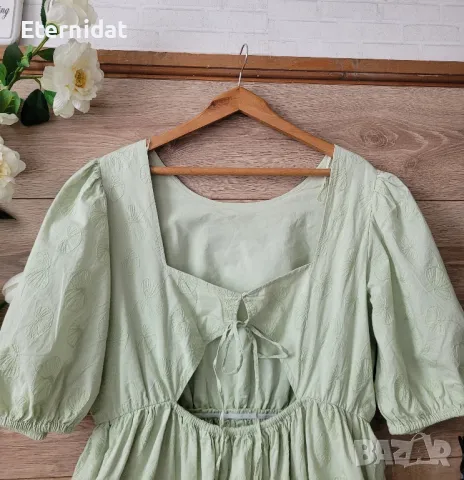 Зелена разкроена лятна рокля бродирани цветя с ефектен гръб , снимка 6 - Рокли - 49906651