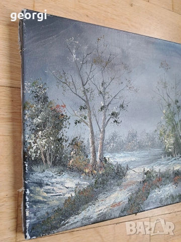 стара авторска картина зимен пейзаж маслени бои върху платно М1, снимка 5 - Картини - 54013591