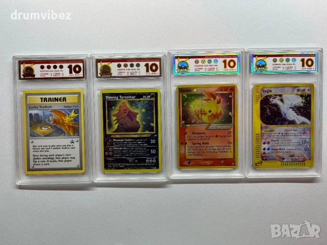 4 Pokemon Rare Cards:Lucky Stadium,Shining Tyranitar,Torchic & Lugia